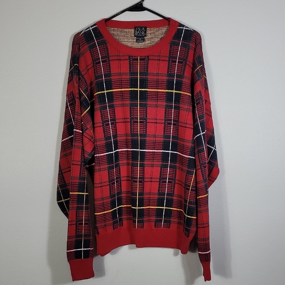 JOS A BANK Mens Plaid Crewneck Sweater Size XL Red Cotton Vintage Grandpa Y2K - Picture 1 of 11